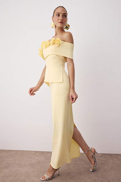 Trendyol Collection Yellow Plain Woven Finike Maxi Evening Dress & Graduation Dress