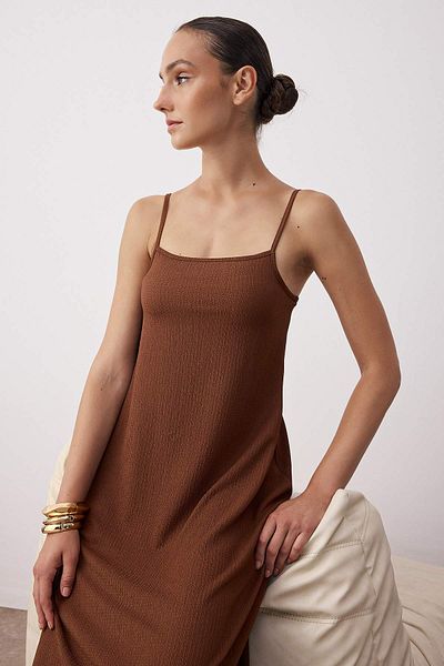 Trendyol Collection Brown Straight Adjustable Strap A-Line Wrap/Textured Knitted Maxi Dress Twoss24El00060