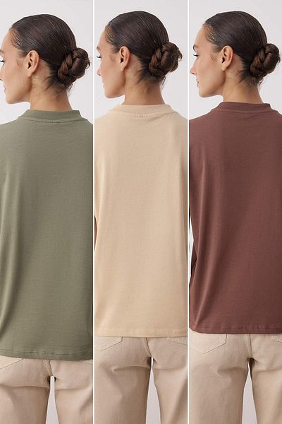Trendyol Collection Light Brown-Beige-Khaki 3-Pack 100% Cotton Regular Fit Stand Collar Knitted T-Shirt Twoaw26Ts00007