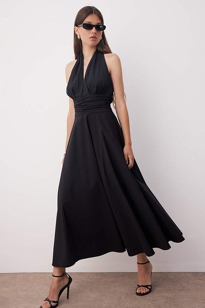 Trendyol Collection Black Low-Cut Halter Neck Poplin Lined Woven Dress Twoss25El00890
