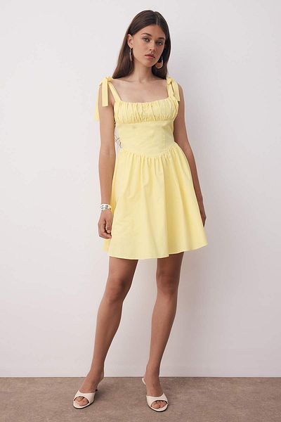 Trendyol Collection Light Yellow Collar Detail Bow Poplin Woven Dress Twoss25El00891