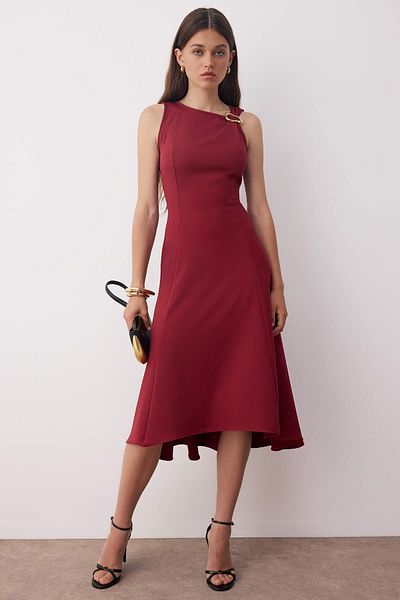 Trendyol Collection Burgundy Plain Midi Woven Dress with Accessory Detail Twoaw26El00116
