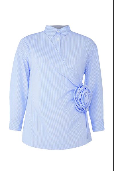 Trendyol Curve Blue White Striped Rose Applique Detail Long Sleeve Plus Size Shirt Tbbaw26Ax00002
