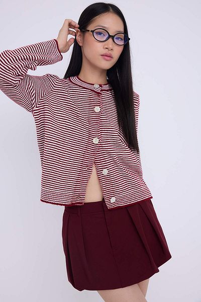 Trendyol Collection Teen Burgundy Soft Textured Striped Knitwear Cardigan Twoaw26Hi00142