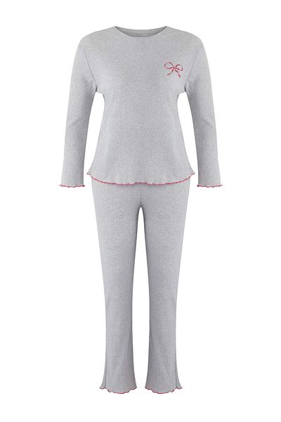 Trendyol Curve Gray Melange Twill Ribbon/Bow Embroidered Knitted Pajamas Set Tbbaw25Ai00081