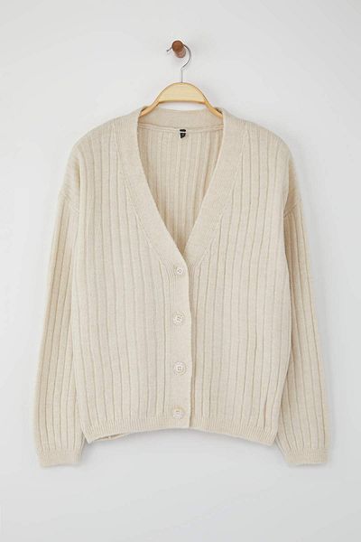 Trendyol Collection Wardrobe Essentials Stone Soft Textured Basic Wide Fit Knitwear Cardigan |   Twoaw26Hi001191