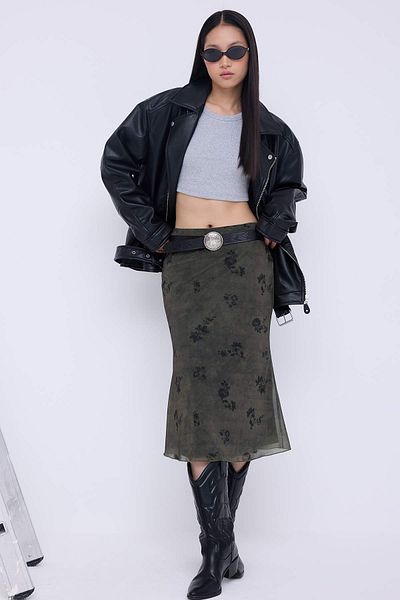 Trendyol Collection Teen Khaki Flower Printed Fish Form Tulle Stretchy Knitted Skirt Twoaw26Et00036