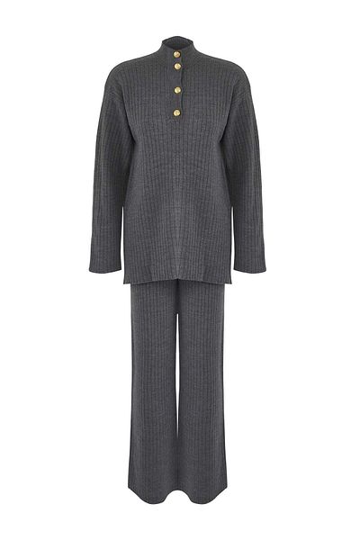 Trendyol Modest Anthracite Buttoned Regular Rib/Camisole Plain Knitwear Hijab Top and Bottom Set Tctaw26Us00004