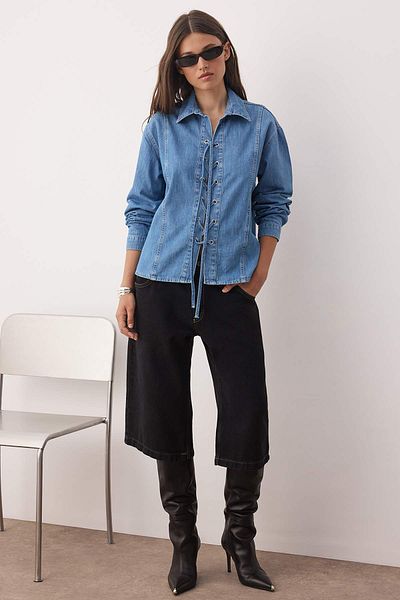 Trendyol Collection Blue Eyelet Lacing Detailed Denim Shirt Twoaw26Go00003