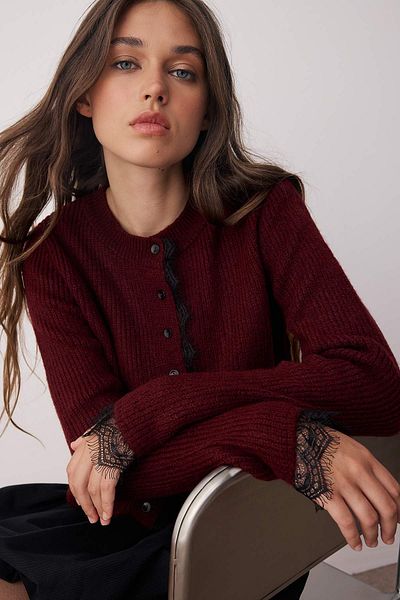 Trendyol Collection Burgundy Lace Shirt Garnished Knitwear Cardigan Twoaw26Hi00171