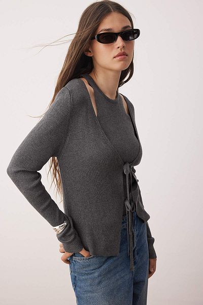 Trendyol Collection Anthracite V-Neck Mercerized Look Knitwear Cardigan-Blouse Set Twoaw26Hi00035