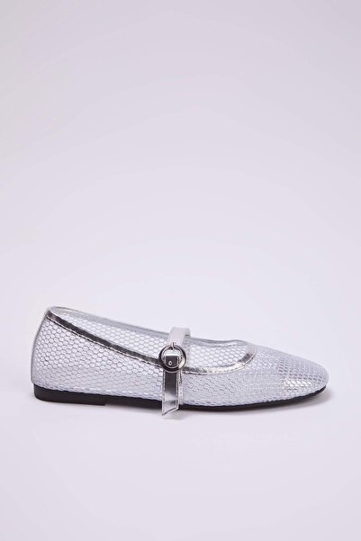 TRENDYOL SHOES Silver Mesh Round Toe Mary Jane Women's Ballerinas Takss24Be00000