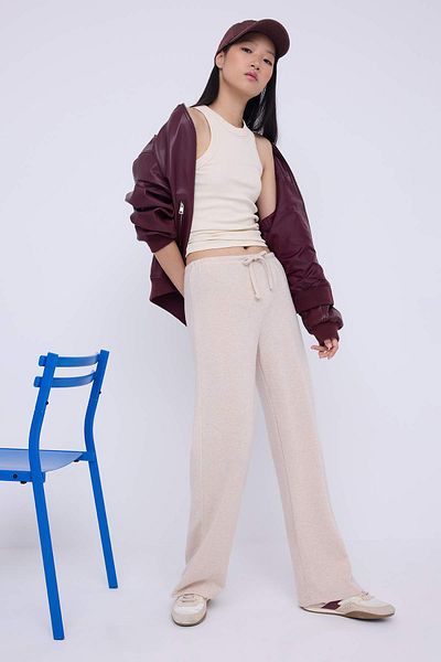 Trendyol Collection Teen Stone Soft Wide Leg/Wide Leg Binding Detail Stretch Knitted Pants Twoaw26Pl00025