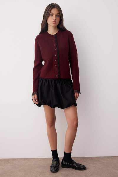 Trendyol Collection Burgundy Lace Shirt Garnished Knitwear Cardigan Twoaw26Hi00171