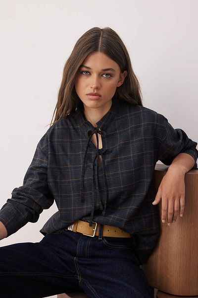 Trendyol Collection Multicolored Flannel Plaid Tie-Up Detail Woven Blouse Twoaw26Bz00146