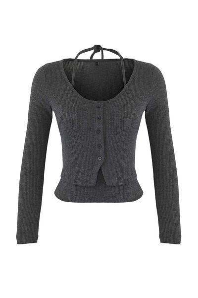 Trendyol Collection Anthracite Melange 2-Piece Fitted/Slim Fit Ribbon Detail Knitwear Look Knitted Blouse Twoaw26Bz00119