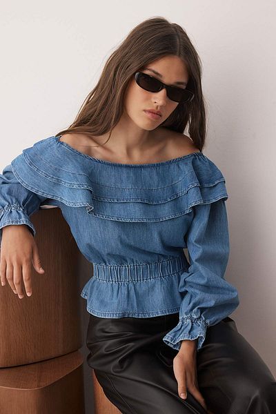 Trendyol Collection Blue Denim Blouse with Frills Twoaw26Bz00049