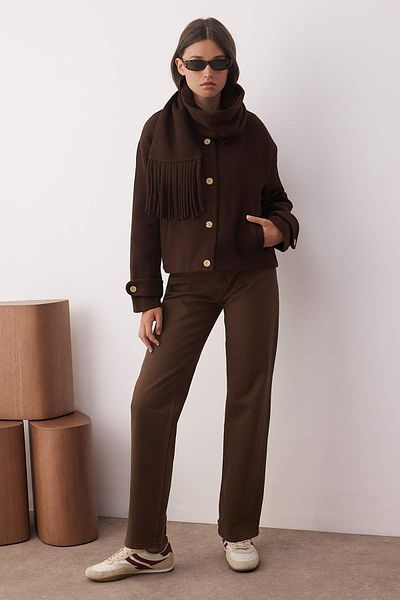 Trendyol Collection Brown Oversize Mold Detachable Shawl Detailed Cashmere Slim Jacket Coat Twoaw26Mo00117