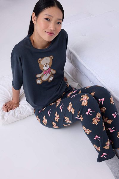 Trendyol Collection Teen Anthracite Cotton Teddy Bear and Ribbon/Bow Printed Lycra Knitted Pajamas Set Thmaw26Pt00076