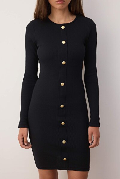 Trendyol Collection Black Plain Crew Neck Button Bodyone/Fitted Ribbed Stretchy Mini Knitted Dress Twoaw26El00038