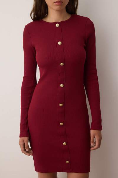 Trendyol Collection Burgundy Plain Crew Neck Button Bodyone/Fitted Ribbed Stretchy Mini Knitted Dress Twoaw26El00038