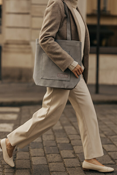 YUNUSOĞLU HOME Multi-Purpose Premium Life Printed Light Gray Dot Pattern Medium Size Canvas Hand and Shoulder Bag