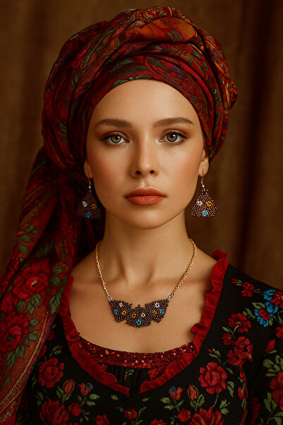 Puffy Triangle Motif Bead Necklace and Earrings Set – Flower Detail, Does Not Tarnish