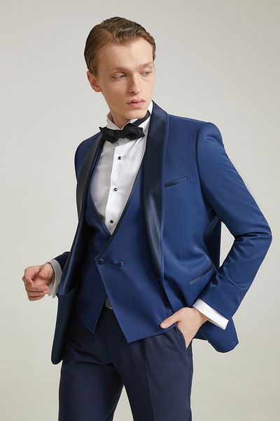 Twn Costum de mire și smoking cu vestă cu model jacquard albastru Saks Super Slim Fit
