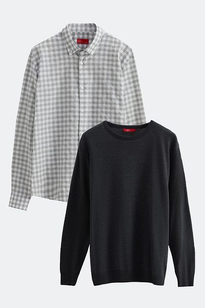 D'S Damat Ds Damat Slim Fit Gray Cotton Blended 2-Piece Crew Neck Sweater and Shirt