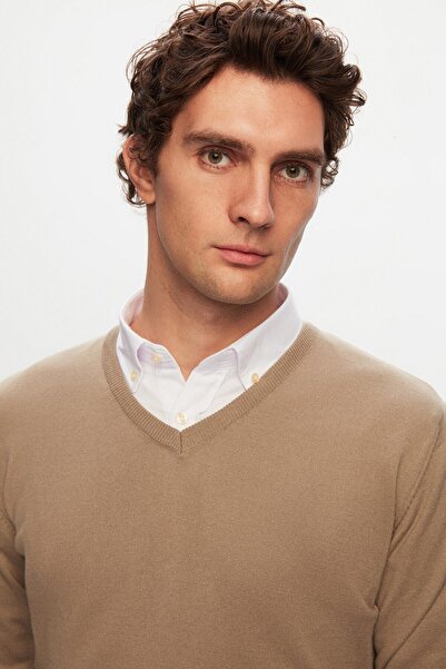 D'S Damat Ds Damat Slim Fit Bej Pamuk Karışımlı 2'Li V Yaka Triko Ve Gömlek