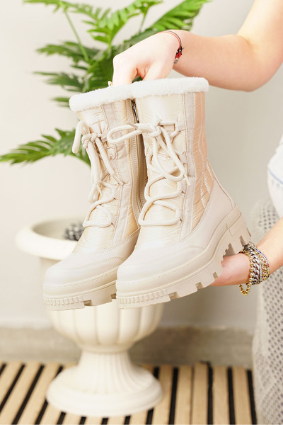 İmerShoes Καθημερινές γυναικείες μπεζ μπότες χιονιού με γούνινο κορδόνι με φερμουάρ Άνετο ψηλό παχύ οδοντωτό μποτάκι 7411