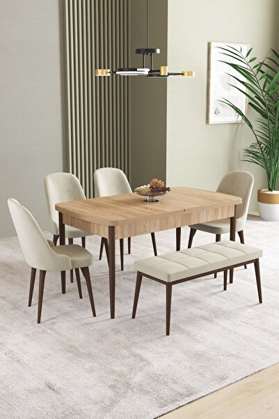 asaella mobilya Ikon Meşe Desen 80x132 Mdf Açılabilir Yemek Masası Takımı 4 S...