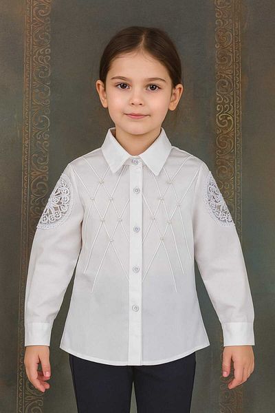 Elayza Cămașă de școală pentru fete/cămașă albă cu garnitură din dantelă și BEZEL cu perle 339/340