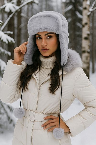Luminos Butik Gray Plush Hat - with Pompom, Fur and Headphones, Beret Beanie1103