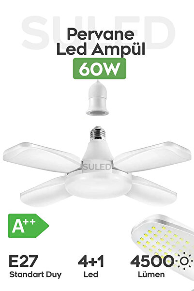 SULED Pervane Led Ampül 60W 4500 Lümen Süper Güçlü E27 Lamba A++ Beyaz Işık 4+1