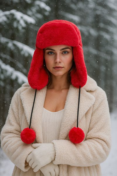 Luminos Butik Women's Red Pompom Fur Headphones Plush Hat Beanie Beanie1103
