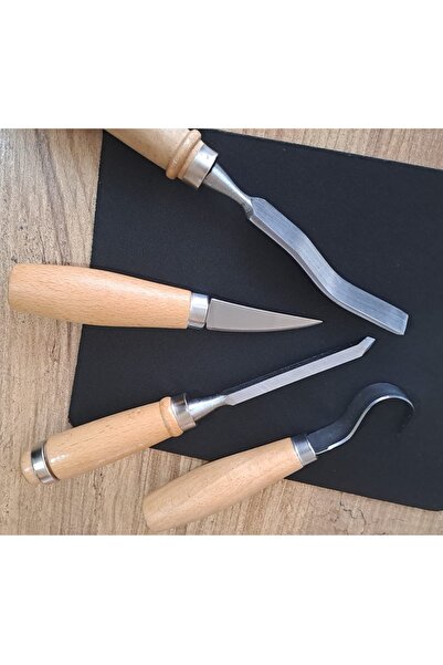 Depolife Ahşap Oyma Bıçak Alet Seti Kaşık Heykel Kuksa Oval Düz Oyma Yontma Bıçağı 4 Parçalı Set