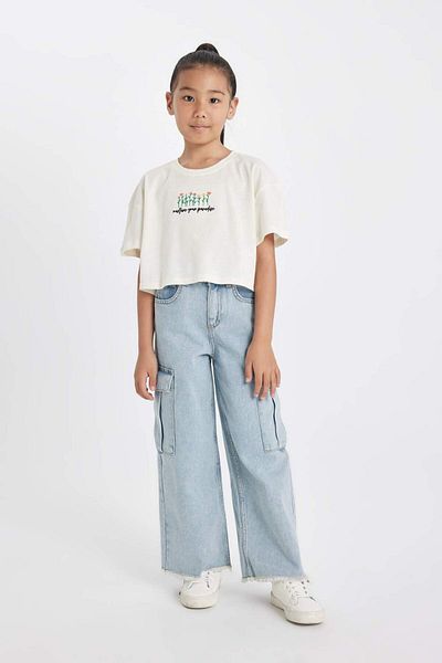 DeFacto Girls Floral Print Crop T-Shirt - Crew Neck, Short Sleeve D1593A824HS