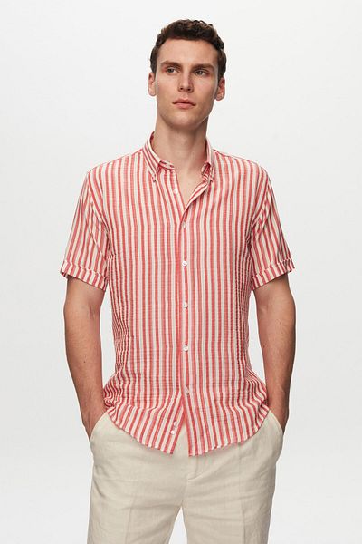 D'S Damat Ds Damat Slim Fit Red Seersucker Cămașă de vară cu mânecă scurtă