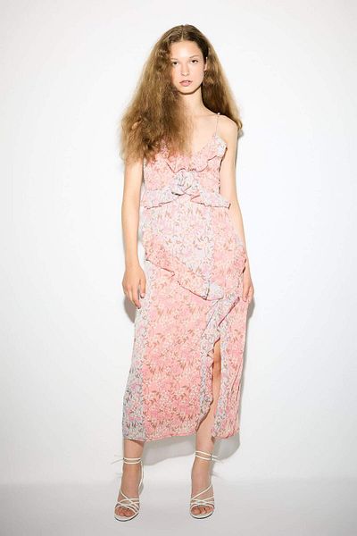 DeFacto Babydoll V Neck Patterned Strap Maxi Evening Dress D1328Ax24Sm
