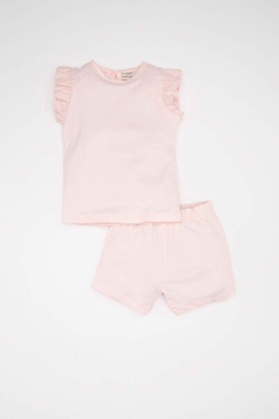 DeFacto Baby Girls Pajamas Set Combed Cotton Basic Plain Crew Neck Short Sleeve Top Shorts C5067A524Hs