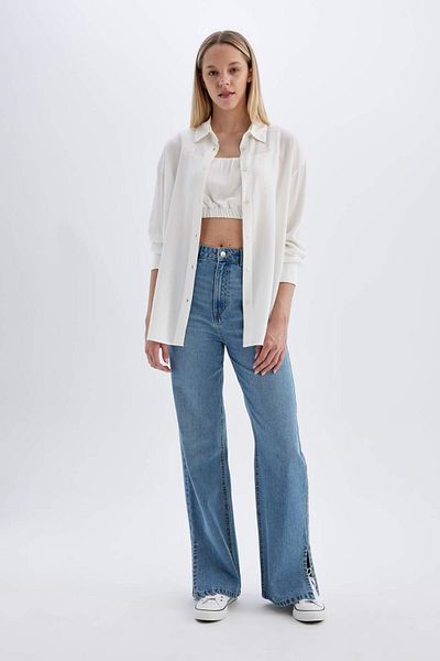 DeFacto Long Sleeve Viscose Shirt - Crinkle Oversize Fit C3823AX24SM