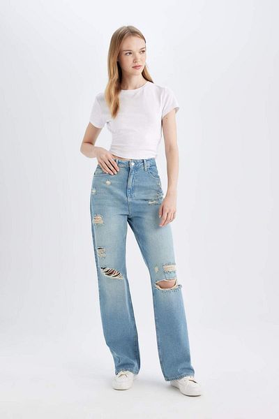 DeFacto Anii 90, picioare late, talie înaltă, picioare late, rupte, pantaloni lungi din denim C8608AX24HS