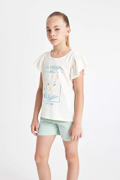 DeFacto Girls' Pajamas Set Crew Neck Printed Short Sleeve Top Shorts C8497A824Sm