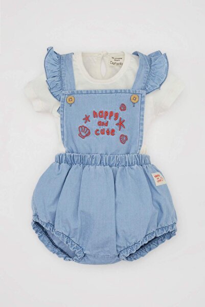 DeFacto Kız Bebek 2'li Takım Kısa Kollu Tişört Üst Yumuşak Nakışlı Jean Tulum D0790A524HS