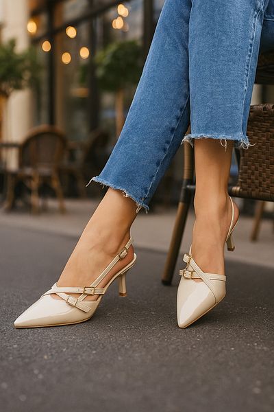 Nstil Casual Women's Cream Pointed Toe Adjustable Belt Open Back Classic Thin Heeled Shoes 922-64