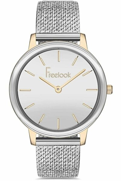 Freelook ساعة يد نسائية فضية وذهبية وهيكل دائري وحزام شبكي وحركة كوارتز تناظرية