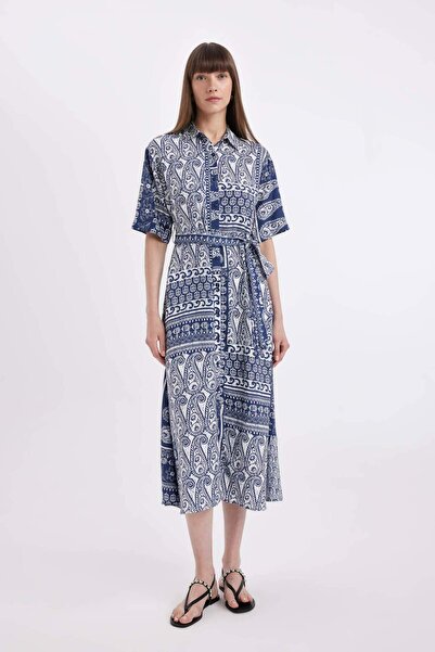 DeFacto A-Line Shirt Neck Print Short Sleeve Midi Dress with Belt D4575Ax24Hs