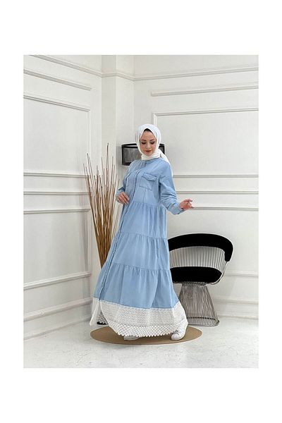 VELLICHOR Lace Natural Fabric Buttoned Denim Dress Blue