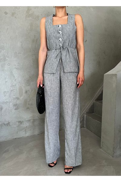 Laluvia Gray Linen Vest and Trousers Set - Cotton Fabric